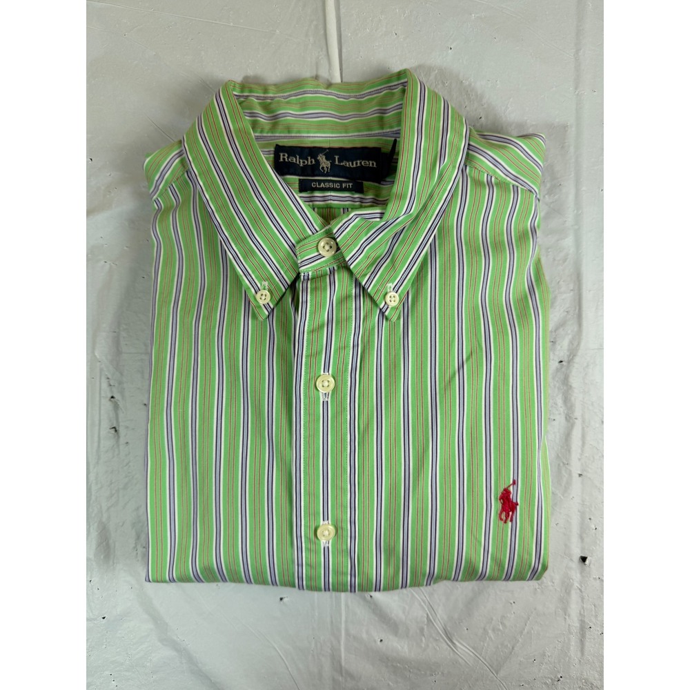 Ralph Lauren Classic Fit Shirt Mens Large Green Striped Cotton Button Down Pony